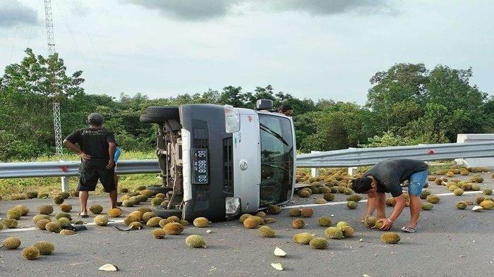 Kecelakaan di KM 50 Tol Indralaya-Prabumulih, Mobil Pikap Terguling, Durian Berhamburan di Jalan
