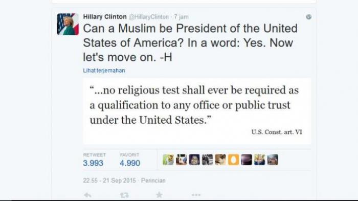 Hillary Clinton: Muslim Bisa Menjadi Presiden AS