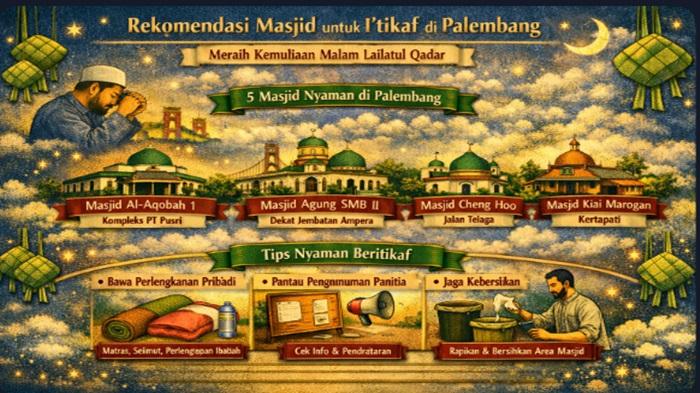 Daftar Masjid di Palembang yang Nyaman untuk Itikaf di 10 Hari Terakhir Ramadan 1447 H