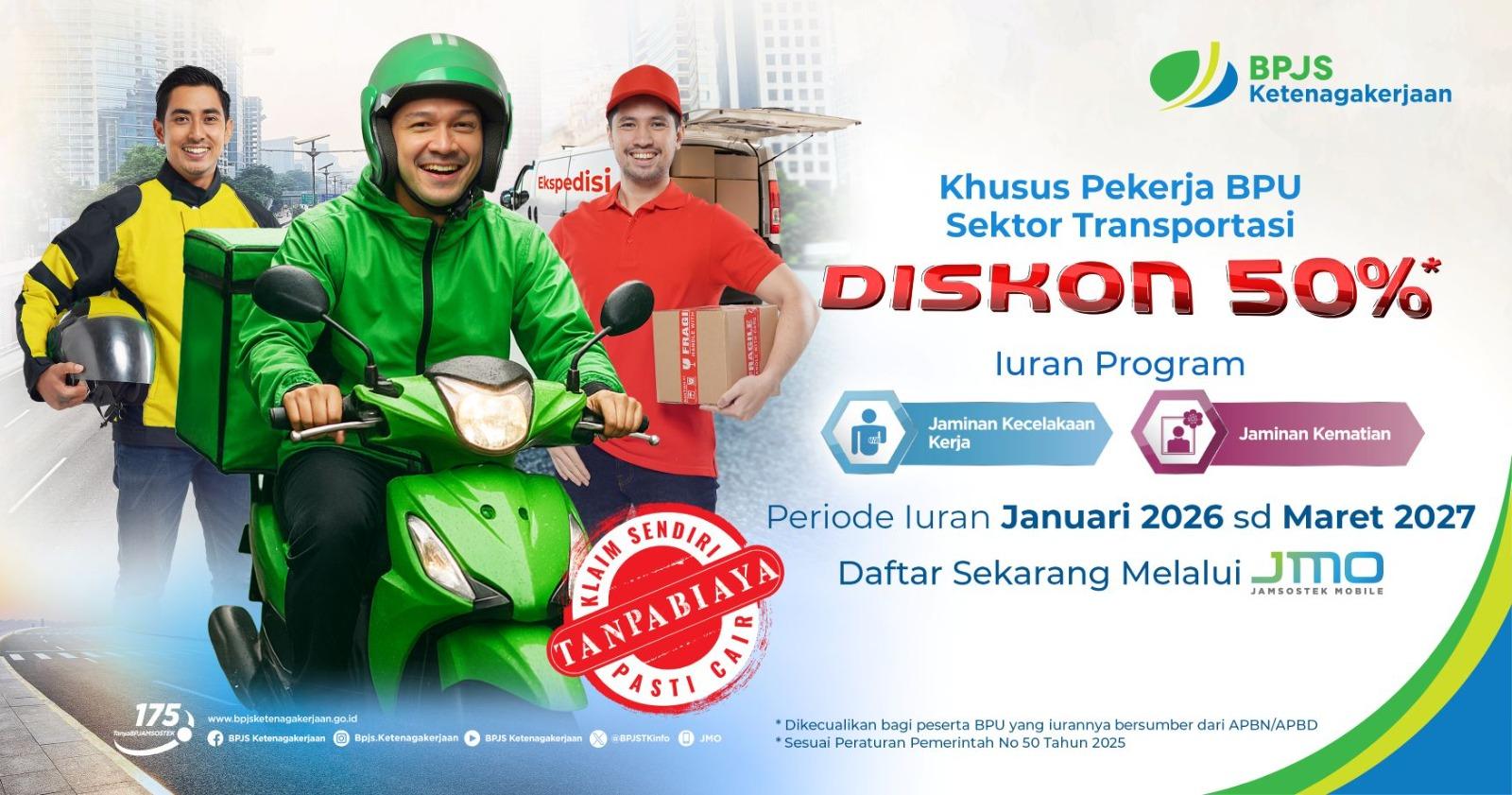 BPJS Ketenagakerjaan Beri Diskon Iuran 50 Persen bagi Pekerja Mandiri, Berlaku Hingga Maret 2027 - Sripoku.com