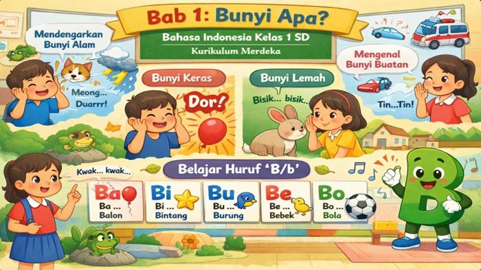 Ringkasan Materi dan Contoh Soal HOTS Bahasa Indonesia Kelas 1 SD Materi Bab 1 Bunyi Apa - Sripoku.com