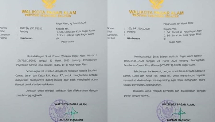 Pemkot Pagaralam Imbau Warganya tidak Menghadiri Acara Hajatan, untuk Cegah Penularan Virus Corona
