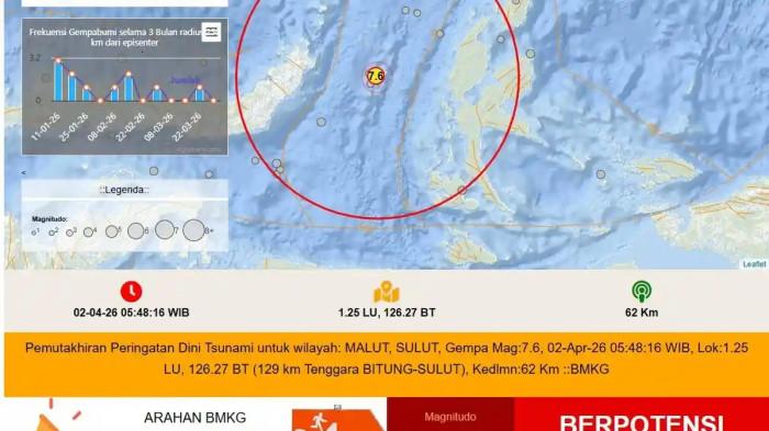 GEMPA BUMI - Wilayah Bitung, Sulawesi Utara, diguncang Gempa Bumi berkekuatan Magnitudo 7,3 pada Kamis (2/4/2026) pagi.