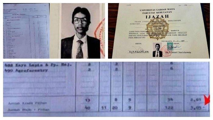 Kolase foto ijazah UGM milik Jokowi dan transkrip nilai Jokowi selama kuliah 5 tahun di UGM. Dalam transkrip nilai yang ditampilkan, ada beberapa nilai Jokowi yang disorot publik karena banyak mendapat nilai C, bahkan hingga 13 mata kuliah.