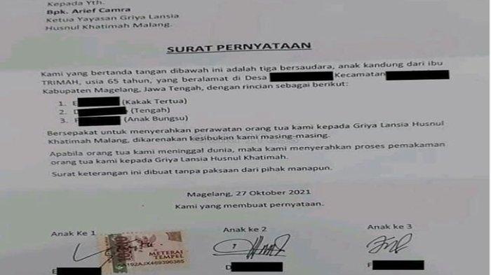 Tega! Surat Pernyataan Anak Serahkan Ibu ke Panti Jompo dengan Alasan Sibuk Kerja