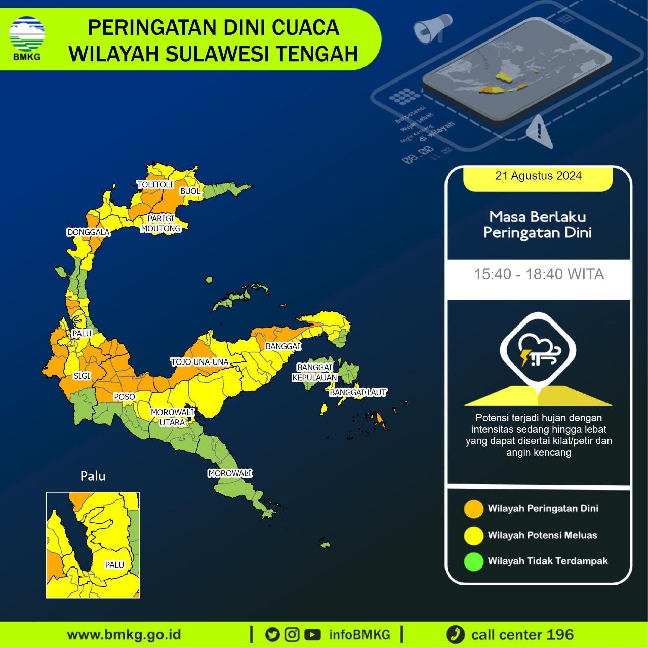 UPDATE Peringatan Dini Cuaca Sulteng Rabu 21 Agustus 2024 Pukul 15.40-18.40 WITA