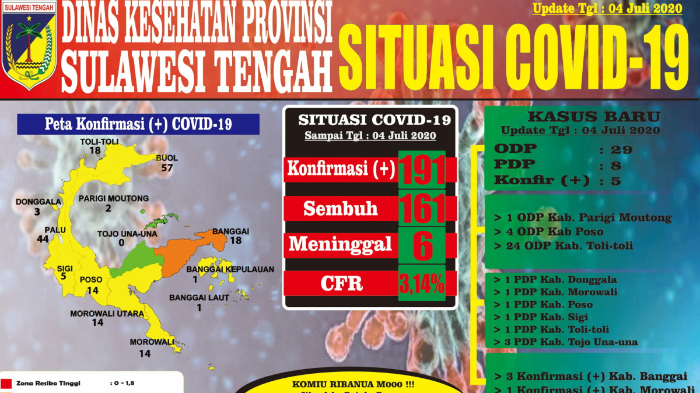 Update Virus Corona di Sulteng per Sabtu, 4 Juli 2020: Catat 5 Kasus Baru, Total 191 Kasus Positif