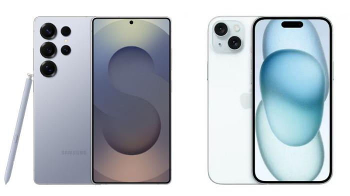 PERBANDINGAN HP - Kolase tangkapan layar tampilan HP Samsung Galaxy S25 Ultra dan iPhone 15 Plus yang diambil dari website Samsung.com dan iBox.co.id, Minggu (31/8/2025).