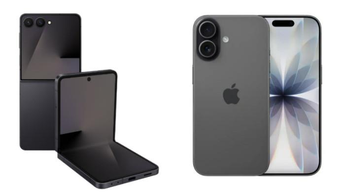 PERBANDINGAN HP - Kolase tangkapan layar tampilan HP Samsung Galaxy Z Flip7 dan iPhone 17 yang diambil dari website Samsung.com dan iBox.co.id, Selasa (4/11/2025).