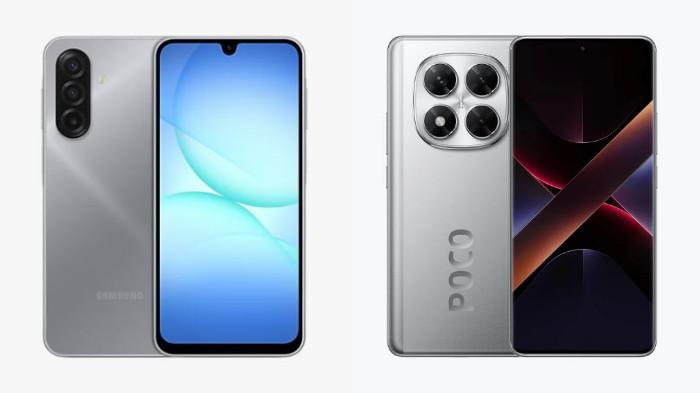 PERBANDINGAN HP - Tangkapan layar tampilan HP Samsung Galaxy A17 dan POCO X7 5G yang diambil dari website Samsung.com dan Mi.co.id, Senin (20/10/2025).