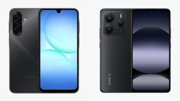 PERBANDINGAN HP - Tangkapan layar tampilan HP Samsung Galaxy A17 dan Xiaomi Redmi Note 14 5G yang diambil dari website Samsung.com dan Mi.co.id, Senin (20/10/2025).