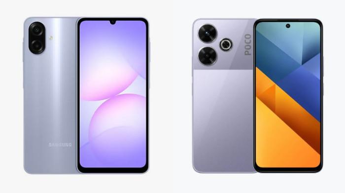 PERBANDINGAN HP - Kolase tangkapan layar tampilan HP Samsung Galaxy A07 dan POCO M6 yang diambil dari website Samsung.com dan Mi.co.id, Kamis (25/9/2025).