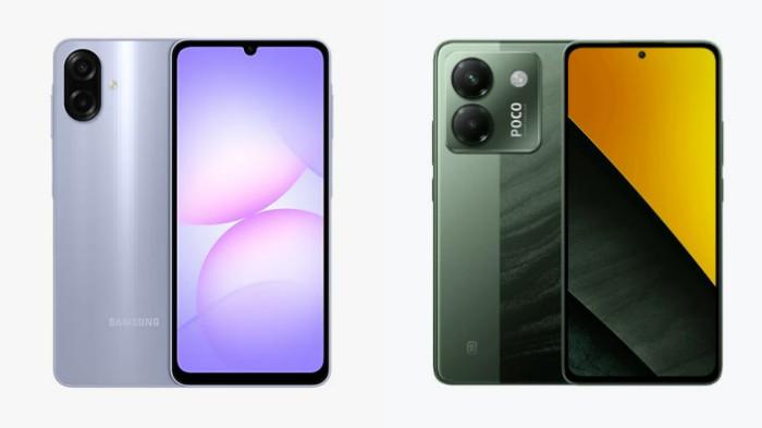 PERBANDINGAN HP - Kolase tangkapan layar tampilan HP Samsung Galaxy A07 dan POCO M7 Pro 5G yang diambil dari website Samsung.com dan Mi.co.id, Kamis (25/9/2025).