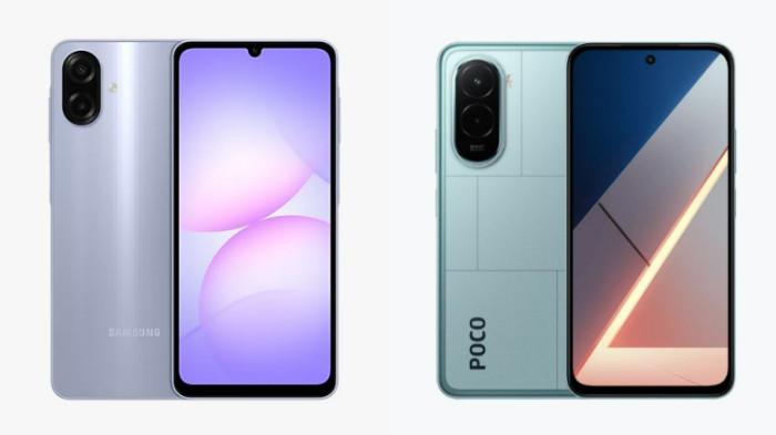 PERBANDINGAN HP - Kolase tangkapan layar tampilan HP Samsung Galaxy A07 dan POCO M7 yang diambil dari website Samsung.com dan Mi.co.id, Minggu (12/10/2025).