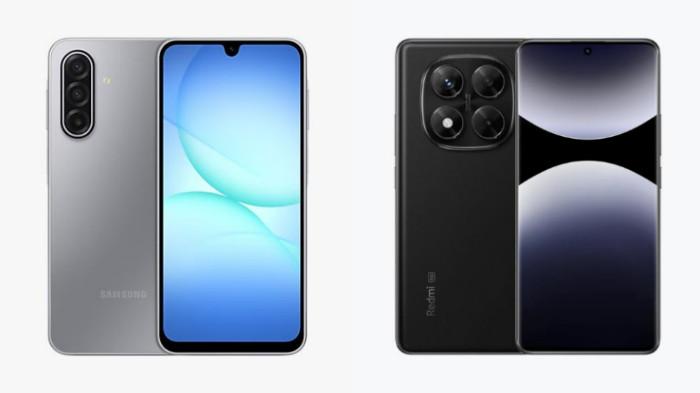 PERBANDINGAN HP - Tangkapan layar tampilan HP Samsung Galaxy A17 5G dan Xiaomi Redmi Note 14 Pro 5G yang diambil dari website Samsung.com dan Mi.co.id, Selasa (23/9/2025).