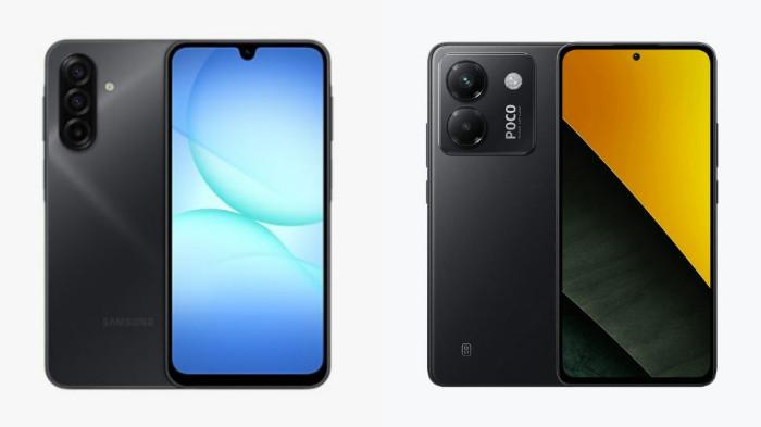 PERBANDINGAN HP - Kolase tangkapan layar tampilan HP Samsung Galaxy A17 dan POCO M7 Pro 5G yang diambil dari website Samsung.com dan Mi.co.id, Rabu (22/10/2025).