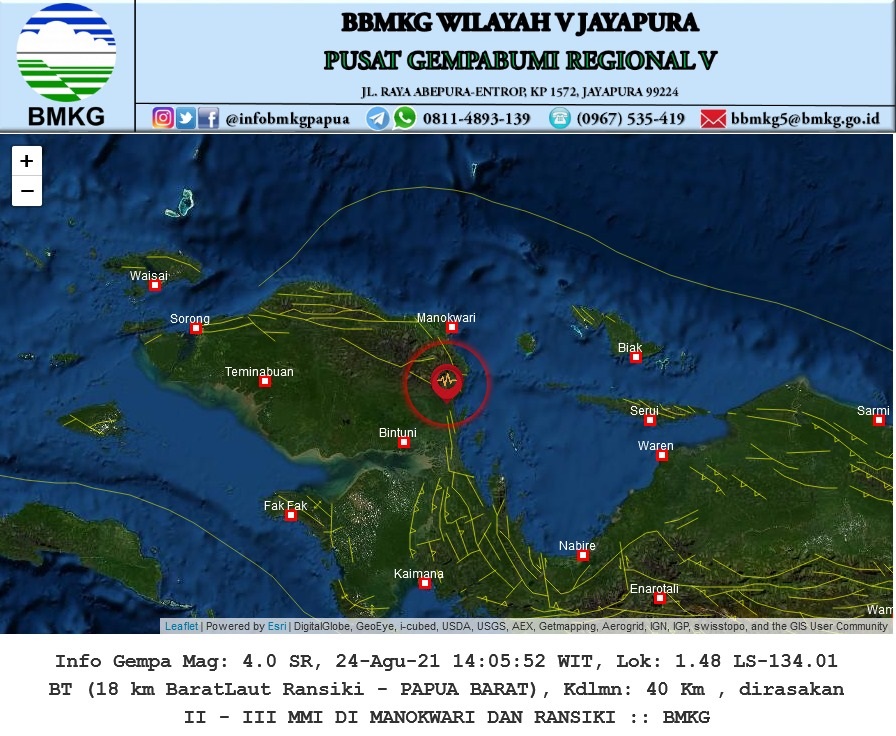 Info BMKG: Gempa 4,0 Guncang Wilayah Ransiki Papua Barat
