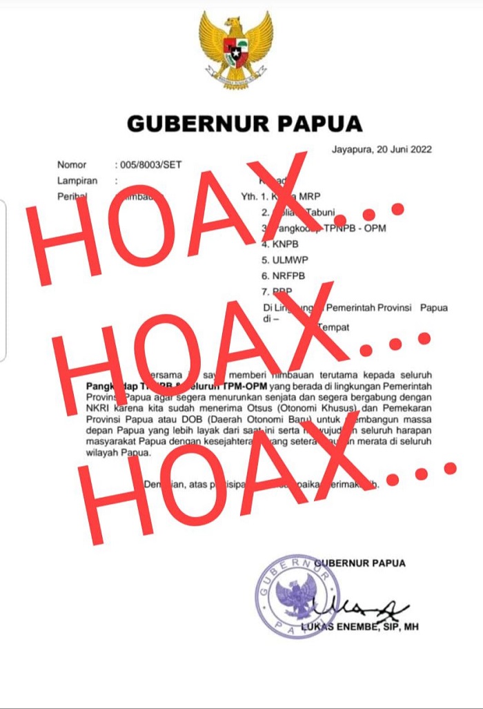 Beredar Surat Gubernur Lukas Enembe Instruksikan TPNPB Letakan Senjata, Jubir: Itu Hoax
