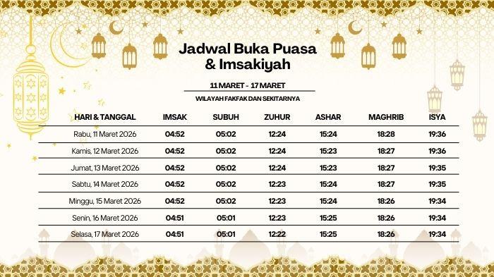 JADWAL PUASA - Jadwal imsak untuk wilayah Fakfak, Papua Barat pada Ramadhan 1447 H,