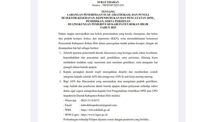 Bupati Rohil, H Bistamam keluarkan surat edaran soal larangan gratifikasi.