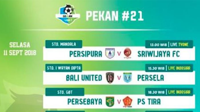 Jadwal Live Liga 1 11 September, Persipura vs Sriwijaya-Bali United vs Persela-Persebaya vs PS Tira
