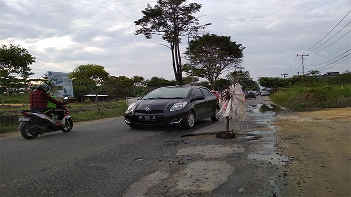 Selalu Membahayakan Pengendara, Jalan Berlubang di Parit Indah Ditanami Pohon Oleh Warga