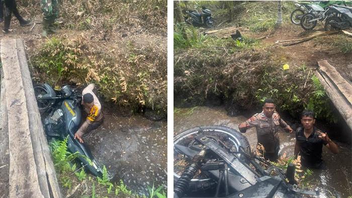 Perjuangan Tak Selalu Mulus, Polisi di Inhil Tergelincir Masuk Parit Bersama Motor saat ke Titik Api