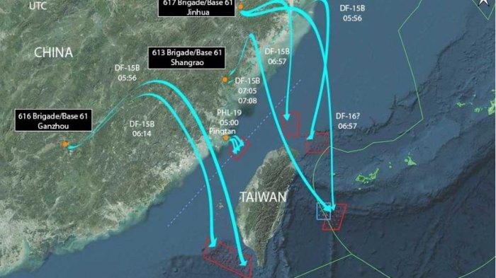 Peta Rudal Balistik China yang Diluncurkan ke Taiwan Dipublish