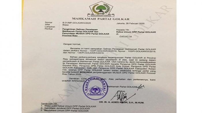 Usai Penundaan Musda Golkar Riau, Surat dari Mahkamah Partai Mulai Beredar, Apa Isinya?