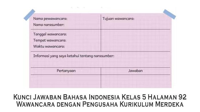 Kunci Jawaban Bahasa Indonesia Kelas 5 Halaman 92 Wawancara dengan Pengusaha Kurikulum Merdeka