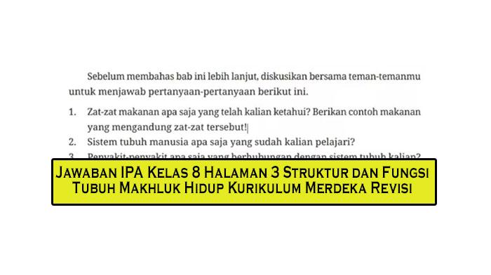 Kunci Jawaban IPA Kelas 8 Halaman 3 Struktur dan Fungsi Tubuh Makhluk Hidup Kurikulum Merdeka Revisi - Tribunpekanbaru.com