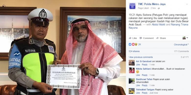Kedutaan Arab Saudi Hadiahi Aiptu Sutisna Naik Haji Gratis