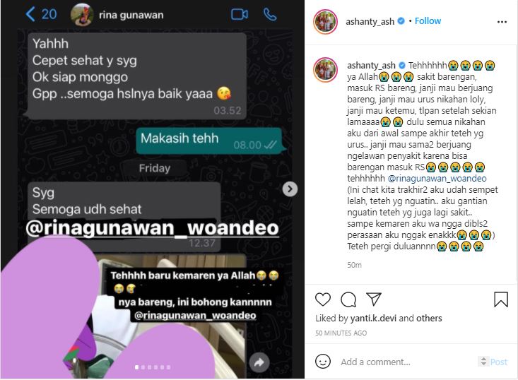 Terpapar Covid-19 Bareng, Rina Gunawan Dahului Istri Anang Hermansyah, Ashanty Bongkar Chat Terakhir