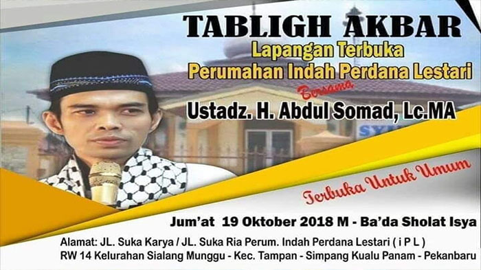 Jumat Ba'da Isya Ini, Tabligh Akbar Bersama Ustaz Abdul Somad di Simpang Kualu Panam Pekanbaru