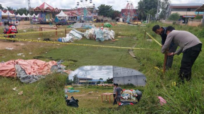 INSIDEN WAHANA AMBRUK - Petugas kepolisian melakukan pemeriksaan di lokasi ambruknya wahana permainan rainbow slide di halaman Kantor Kecamatan Air Upas, Kabupaten Ketapang, Kalimantan Barat, Minggu 19 Oktober 2025. Segini jumlah korban insiden tersebut.