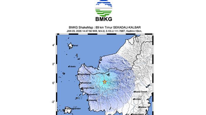 GEMPA SEKADAU - Gempa bumi tektonik berkekuatan magnitudo 4,8 mengguncang wilayah Kabupaten Sekadau, Kalimantan Barat, pada Jumat, 23 Januari 2026, pukul 14.27.56 WIB.