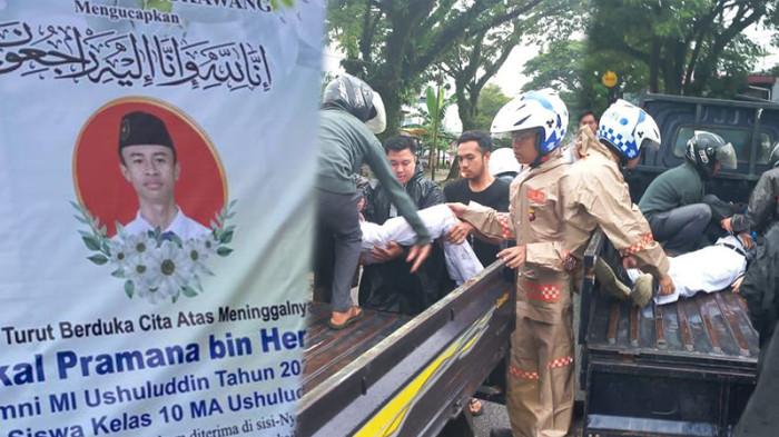 PELAJAR SINGKAWANG TEWAS -  Kolase foto suasana di sekitar rumah duka, Pelajar MA Ushuluddin Singkawang bernama Abdira Hekal Pramana (15) (kiri), foto saat evakuasi jasad Abdira Hekal di Jalan Jenderal Sudirman, Kecamatan Singkawang Tengah, Kota Singkawang pada Selasa 21 Oktober 2025 pagi (tengah dan kanan). Berikut kronologi lengkapnya.