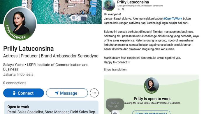 Postingan Prilly Latuconsina tentang Open To Work di LinkedIn.