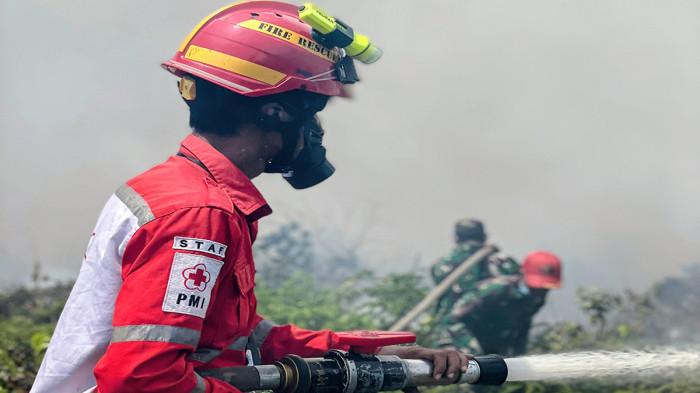 KARHUTLA DI KALBAR - Tim Damkar PMI Kalbar saat padamkan api karhutla dan foto udara kondisi desa Galang Sungai Pinyuh pada Senin 9 Februari 2026 siang sekitar pukul 11.00 WIB.