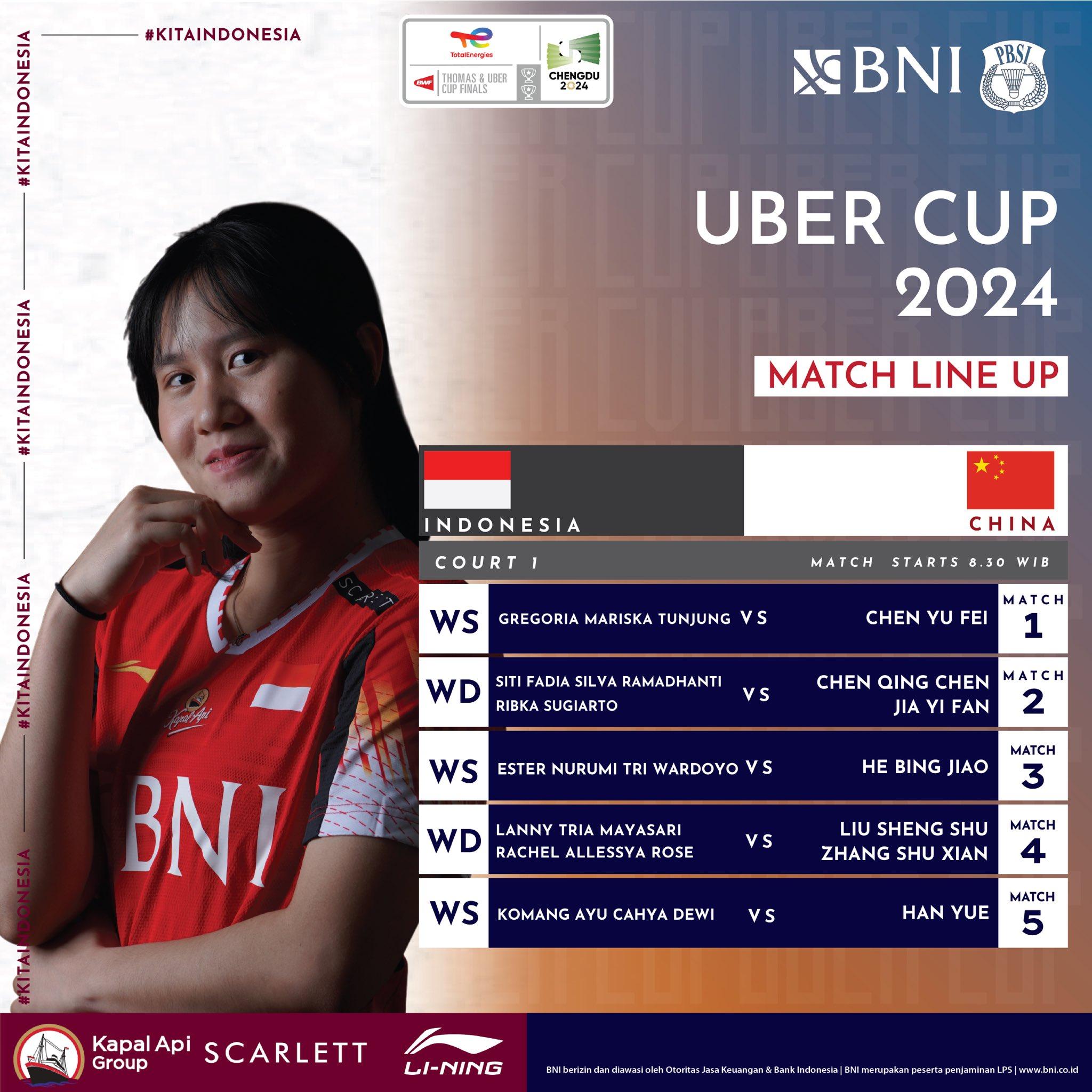 Jadwal Final Uber Cup 2024, Gregoria Mariska Tunjung Awali Perjuangan Badminton Indonesia Vs China