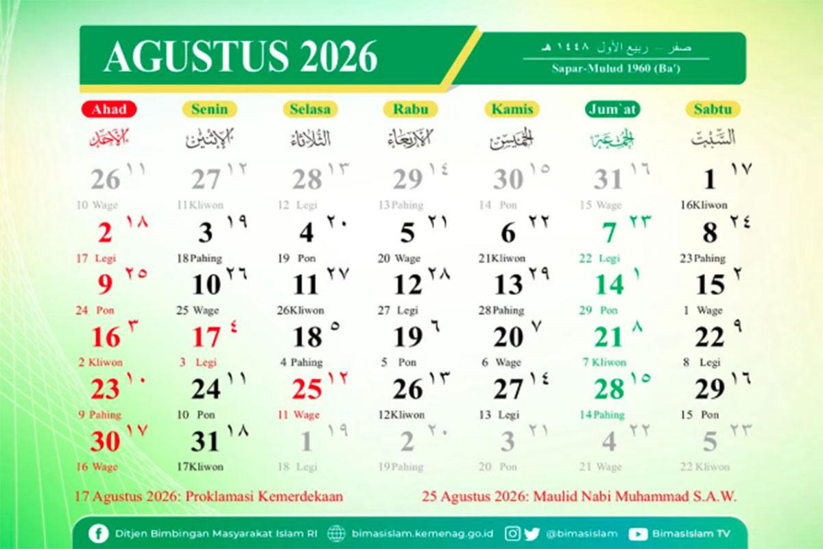 Kalender Agustus 2026 Lengkap, Cek Tanggal Merah, Libur Nasional dan Long Weekend - Tribunpontianak.co.id