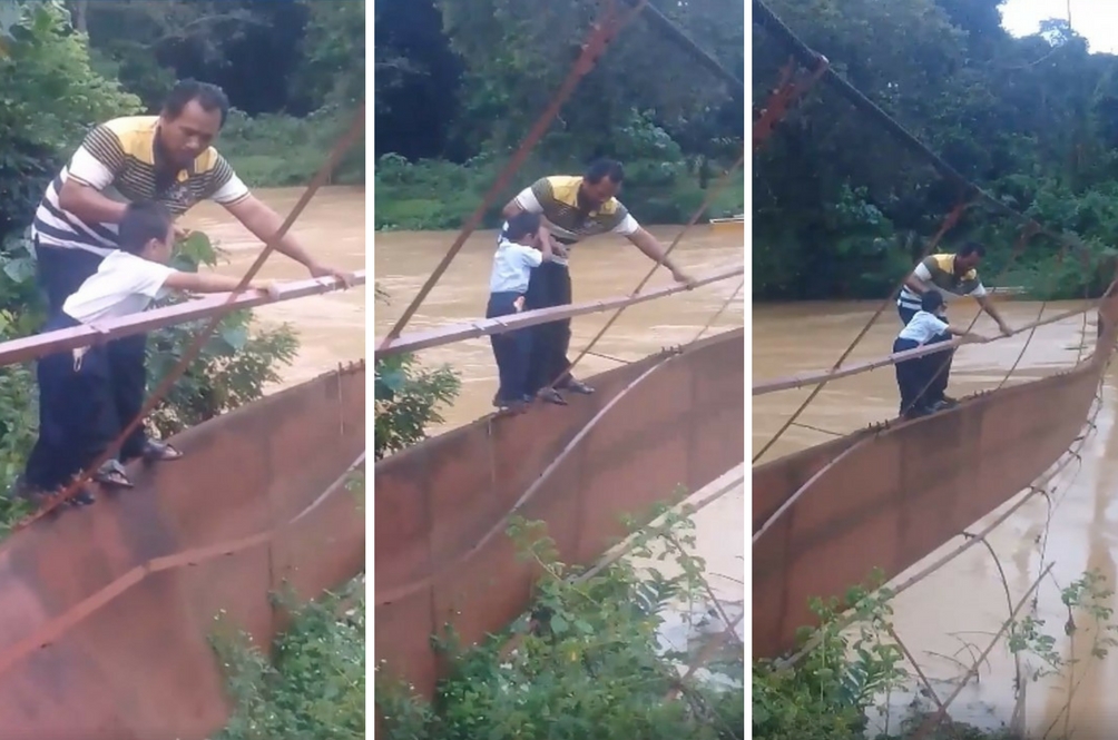 Meniti Jembatan Gantung, Anak Kecil Ini Menyabung Nyawa Pergi Sekolah