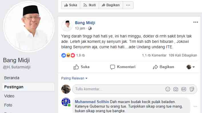 Sutarmidji Bahas Jokowi di Akun Facebook, Pro Kontra Netizen Banjiri Kolom Komentar