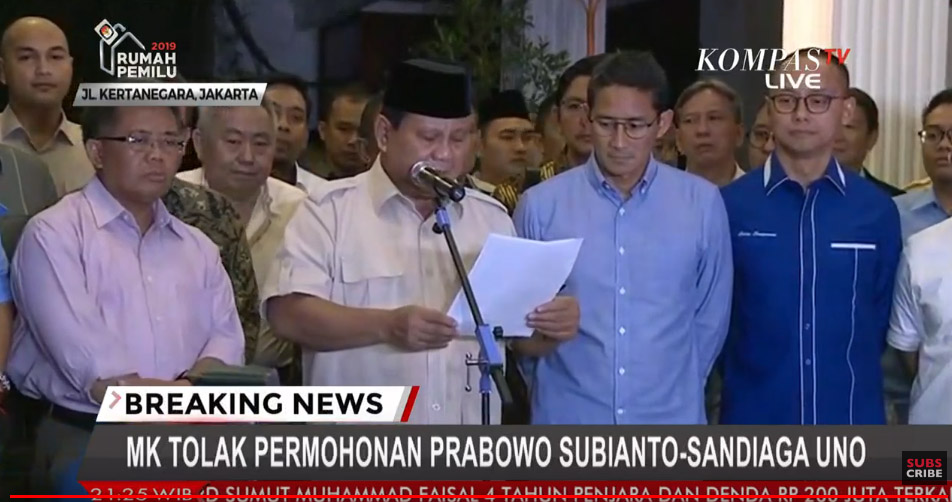Seluruh Permohonan Ditolak Di Sidang MK, Prabowo Tetap Patuh dan Segera Konsultasi dengan Tim Hukum