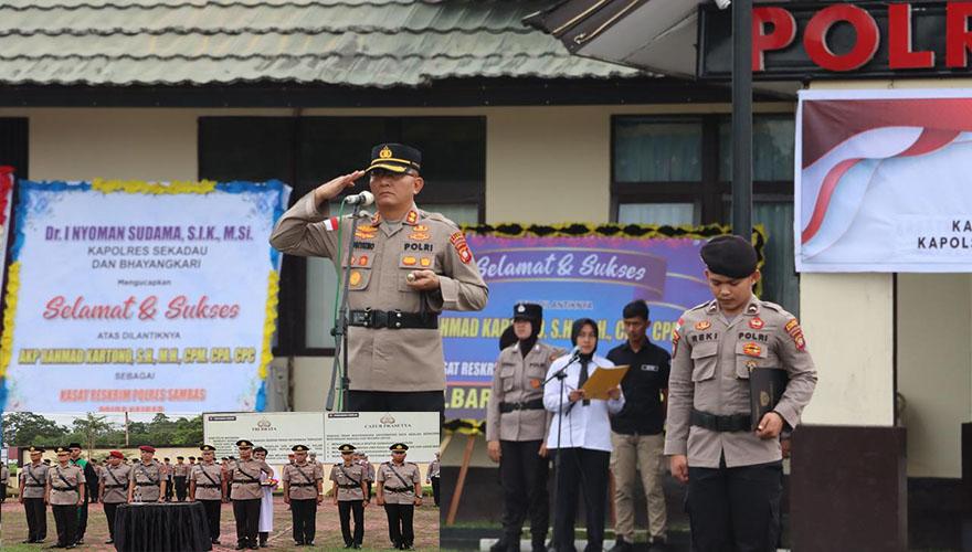 Kapolres Sambas Pimpin Upacara Sertijab Kasat Reskrim, Kapolsek dan Penyerahan Jabatan Kasi Propam
