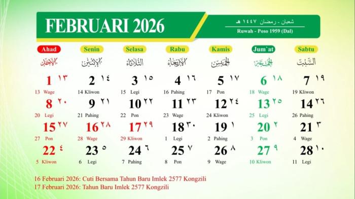 KALENDER FEBRUARI 2026 - Kalender Februari 2026: Kapan Tanggal Libur Sahur dan Tarawih Pertama Ramadhan 1447 H?