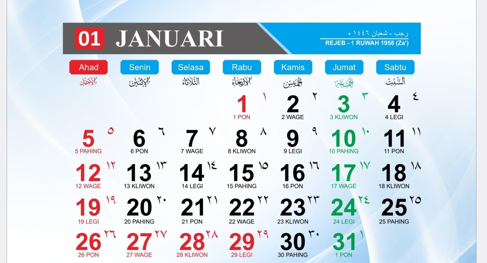 Daftar Kalender Jawa Januari 2025, Jumat Kliwon Jatuh di Tanggal Berapa?