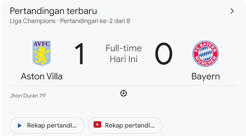 Raksasa Eropa Bayern Munich Menyerah 1-0 di Kandang Aston Villa