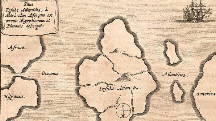Ilustrasi Atantis yang hilang. Pulau vulkanik yang lama tenggelam di lepas pantai