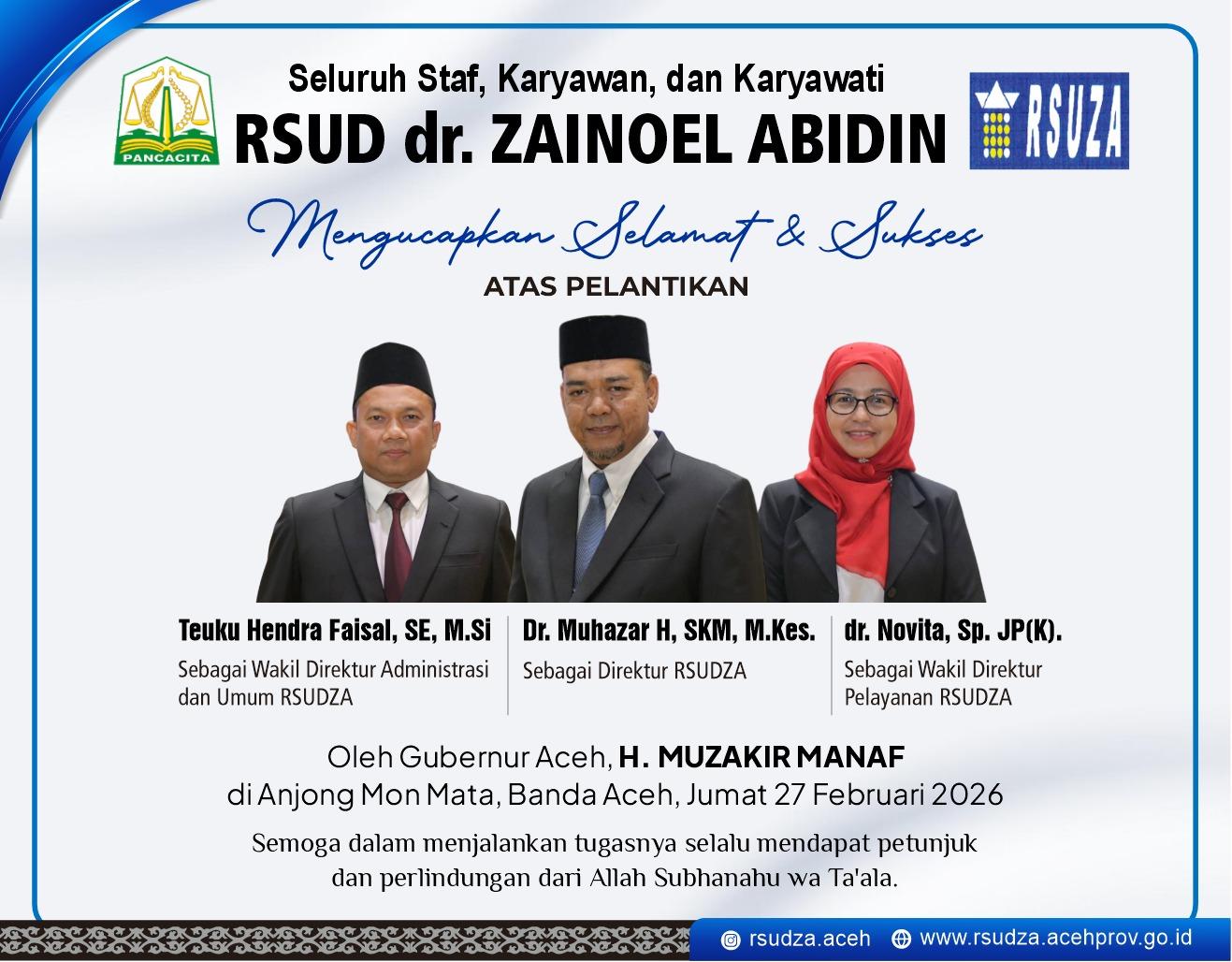 Jajaran pimpinan baru RSUD dr. Zainoel Abidin usai pelantikan oleh Gubernur Aceh, Muzakir Manaf, di Anjong Mon Mata, Banda Aceh, Jumat (27/2/2026).